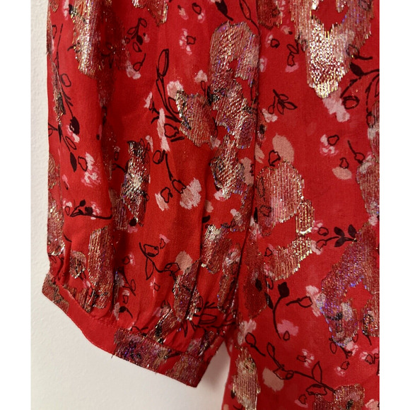 ba&sh Tanama Blouse Red Floral Gold Metallic Accents Women Size S/4 Fancy NWT - Picture 6 of 14